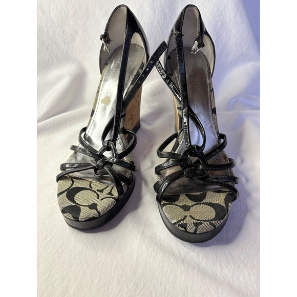 Coach Signature C Wedge Sandals Black Patent Cork Wedge Heels Size 7 - Picture 2 of 8